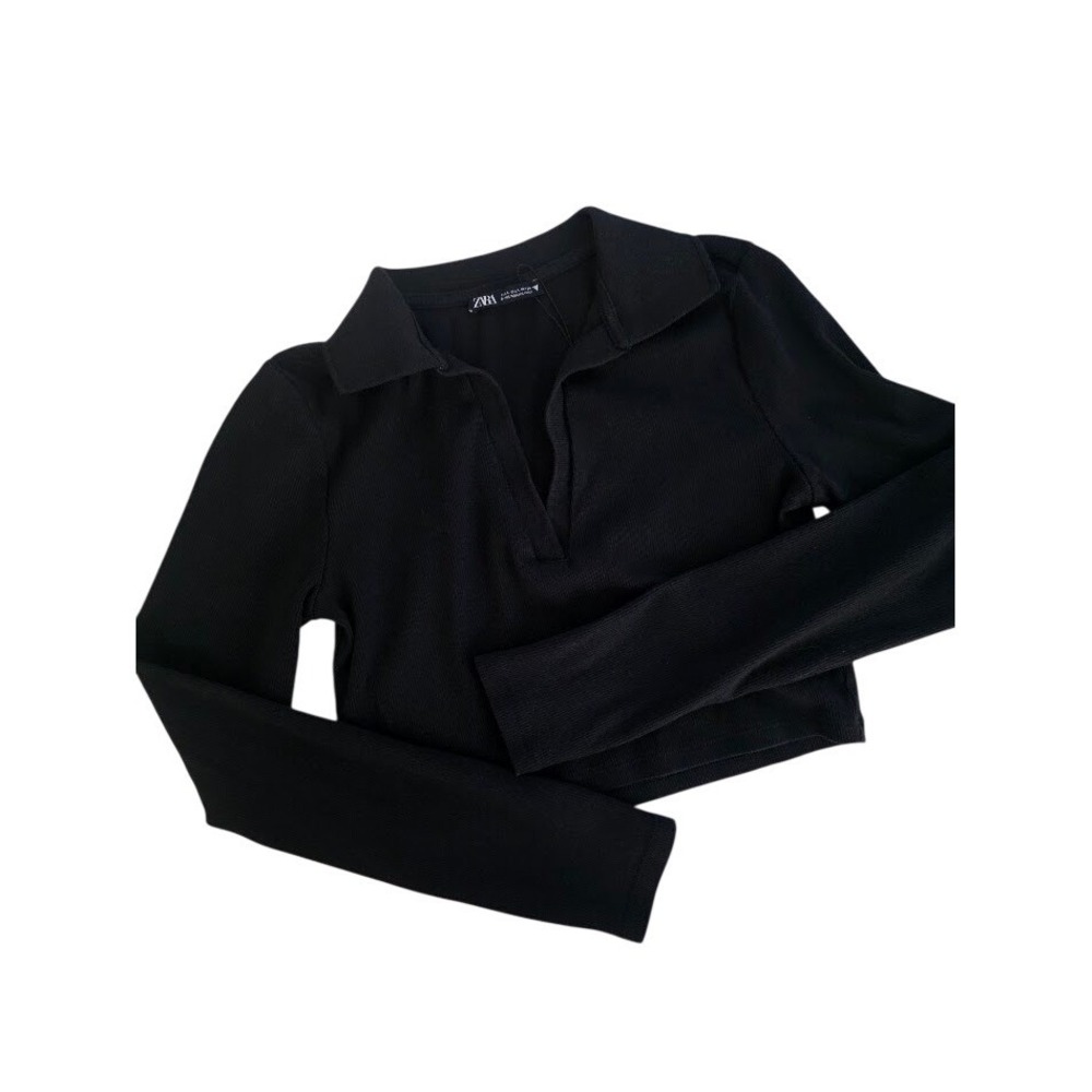 Zara Crop Top Women Large Black Ribbed Long‎ Sleeve Collared V-Neck Polo NWOT